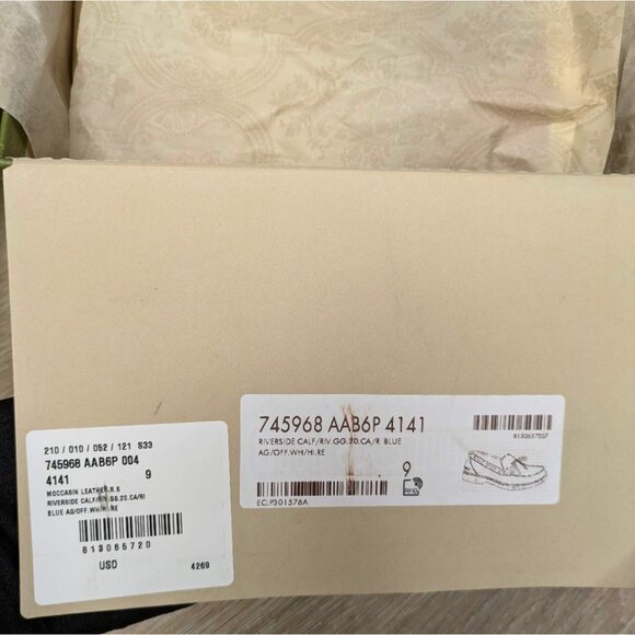 Gucci Men's Riverside Moccasin Calfskin GG Boat Shoes Blue/Off White 745968 UK9 - Picture 10 of 12